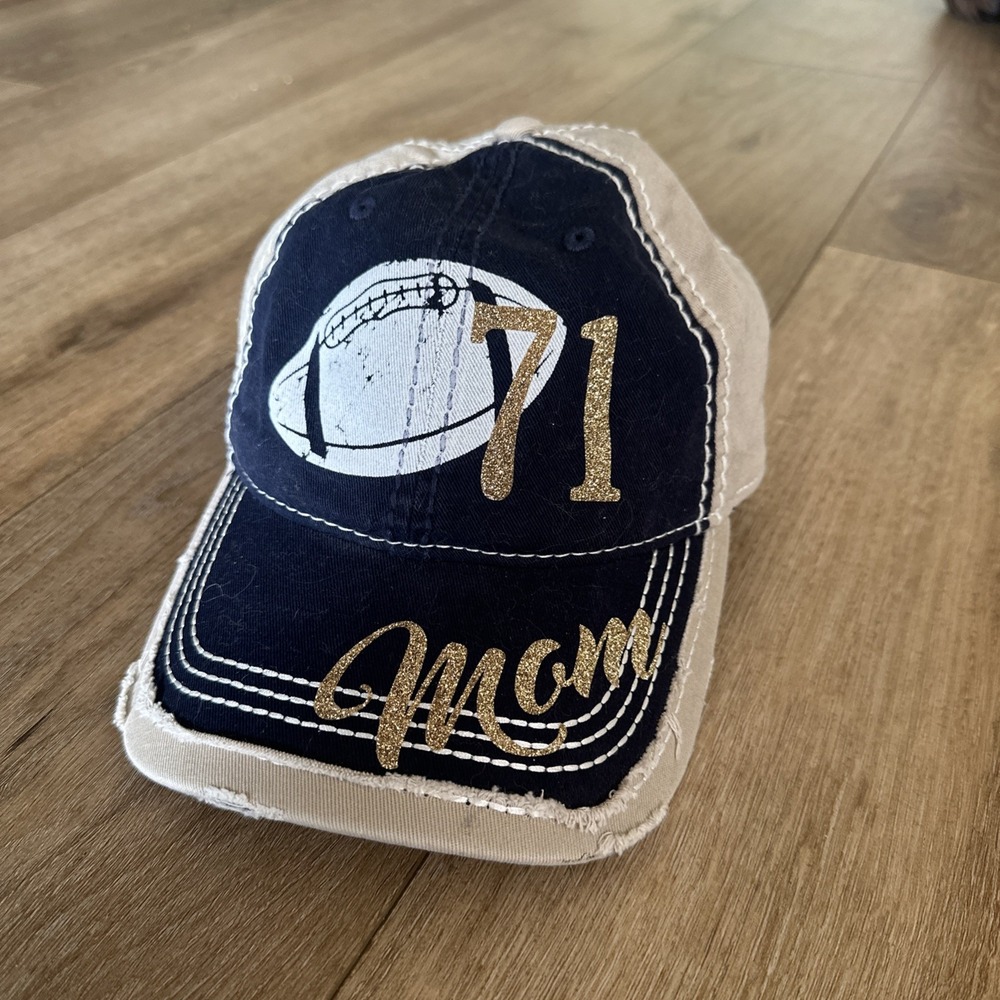 Football Mom #71 Distressed Baseball Hat‎ Tan/Navy Blue Adjustable OSFM